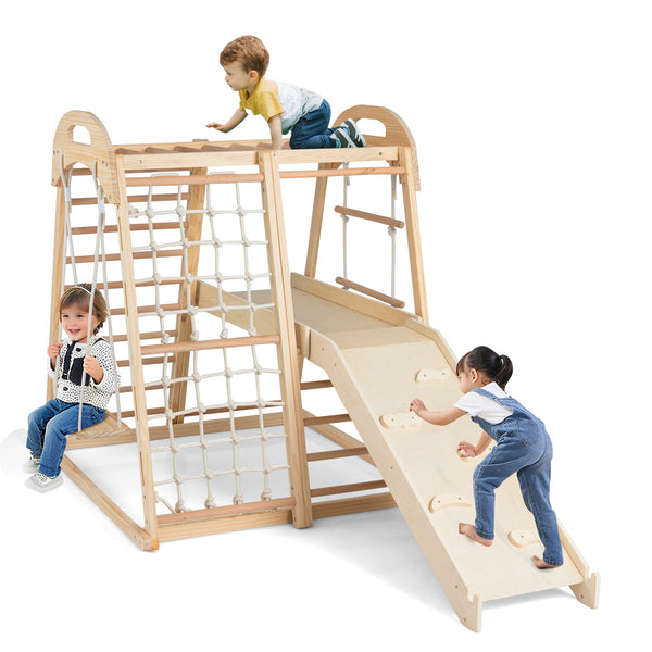 8-in-1 Jungle Gym Wooden Montessori Climber Playset with Slide and Monkey Bar for Kids 3-5 Years Old-Natural