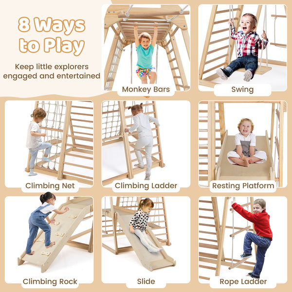 8-in-1 Jungle Gym Wooden Montessori Climber Playset with Slide and Monkey Bar for Kids 3-5 Years Old-Natural
