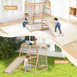 8-in-1 Jungle Gym Wooden Montessori Climber Playset with Slide and Monkey Bar for Kids 3-5 Years Old-Natural