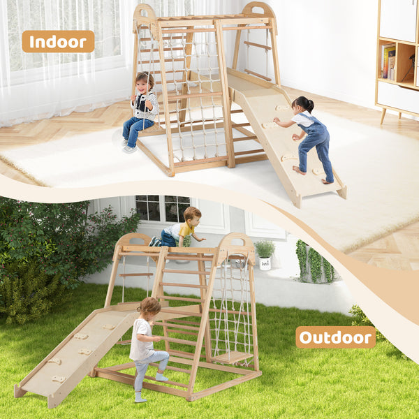8-in-1 Jungle Gym Wooden Montessori Climber Playset with Slide and Monkey Bar for Kids 3-5 Years Old-Natural