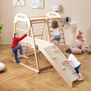 8-in-1 Jungle Gym Wooden Montessori Climber Playset with Slide and Monkey Bar for Kids 3-5 Years Old-Natural