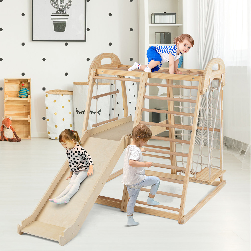 8-in-1 Jungle Gym Wooden Montessori Climber Playset with Slide and Monkey Bar for Kids 3-5 Years Old