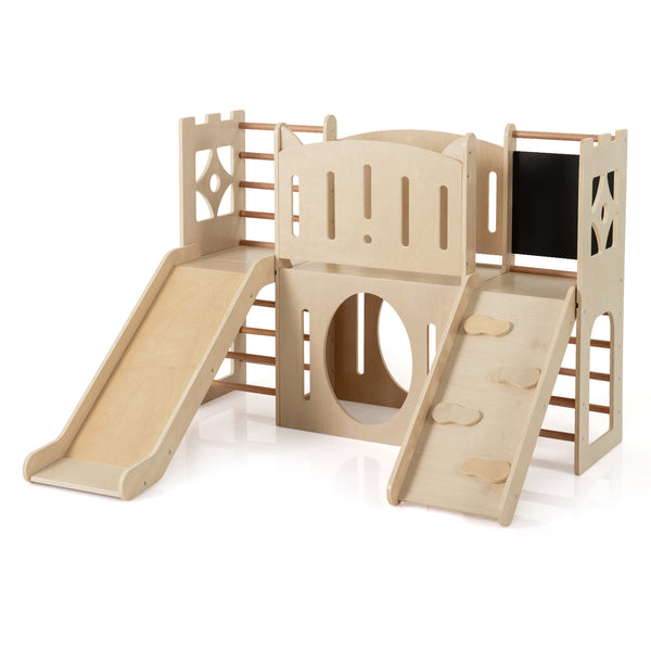 8-in-1 Toddler Slide Wooden Indoor Playground with Climber and Chalkboard