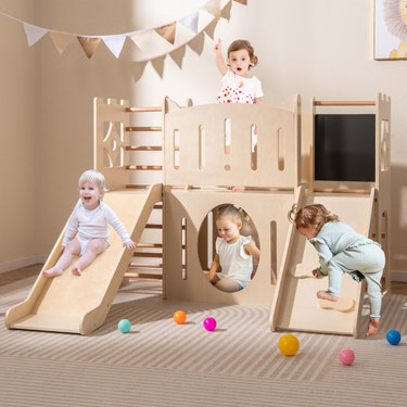 8-in-1 Toddler Slide Wooden Indoor Playground with Climber and Chalkboard