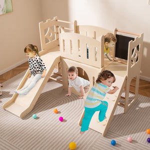 8-in-1 Toddler Slide Wooden Indoor Playground with Climber and Chalkboard
