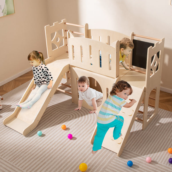 8-in-1 Toddler Slide Wooden Indoor Playground with Climber and Chalkboard