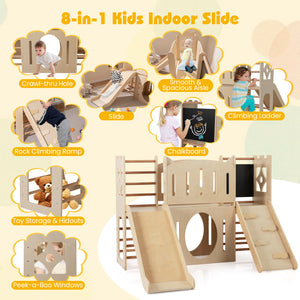 8-in-1 Toddler Slide Wooden Indoor Playground with Climber and Chalkboard