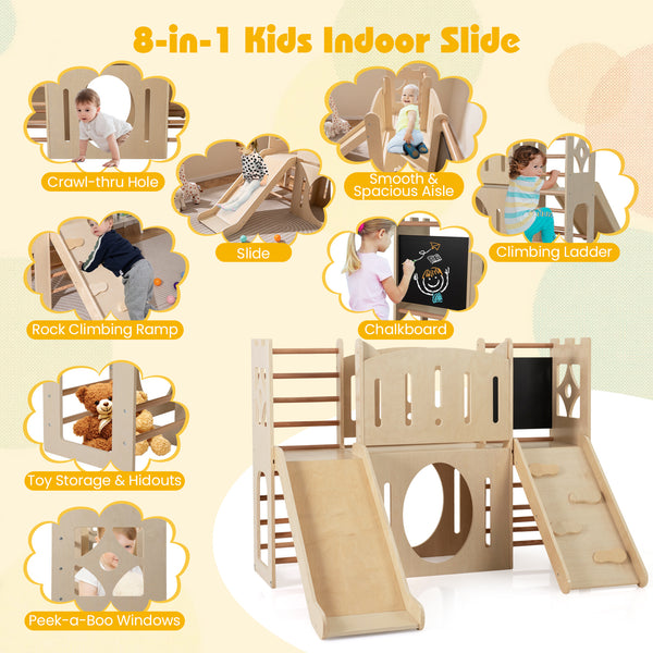 8-in-1 Toddler Slide Wooden Indoor Playground with Climber and Chalkboard
