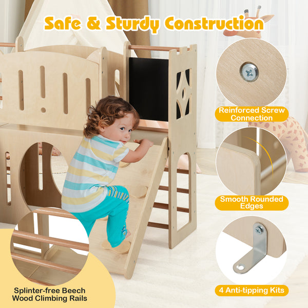 8-in-1 Toddler Slide Wooden Indoor Playground with Climber and Chalkboard