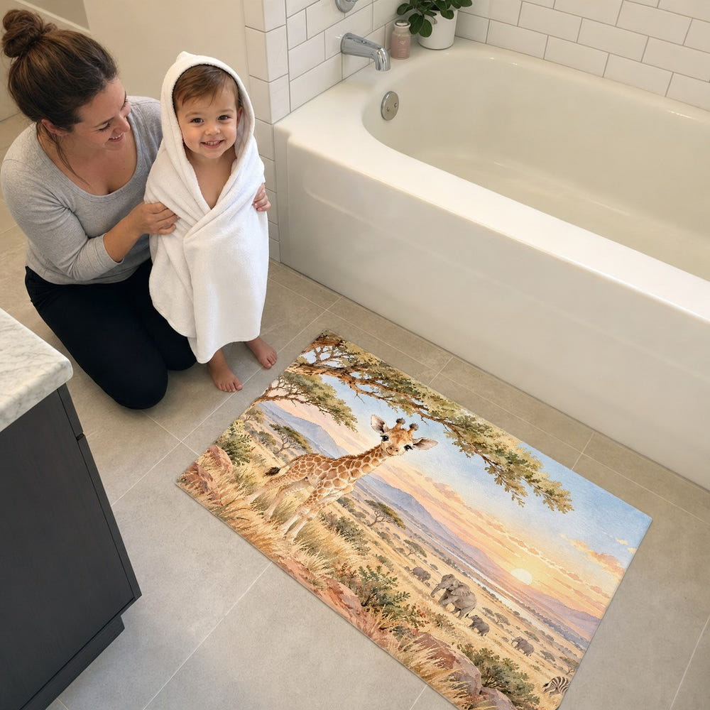 Baby Giraffe Safari kids bath mat, full view of the printed design