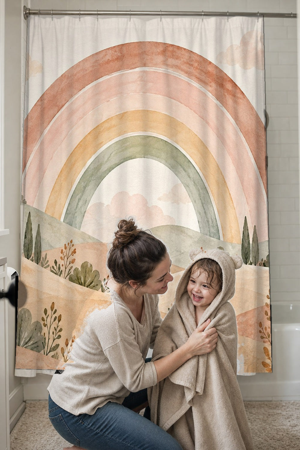 Big Rainbow Meadow shower curtain, full front view of the 71 x 74 in fabric curtain