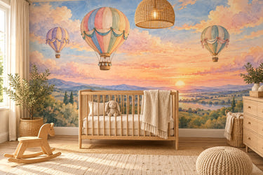 Watercolor Sunset Flight Hot Air Balloon Wall Mural, image 1