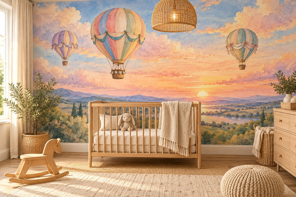 Watercolor Sunset Flight Hot Air Balloon Wall Mural, image 1