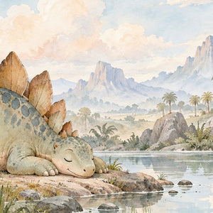 Sleepy Stegosaurus Dinosaur kids rug, close up of the watercolor artwork