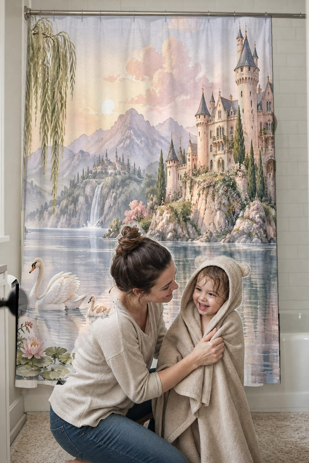 Lakeside Castle Fairy Tale shower curtain, full front view of the 71 x 74 in fabric curtain