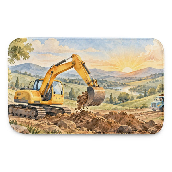 Sunrise Excavator kids bath mat, full view of the printed design