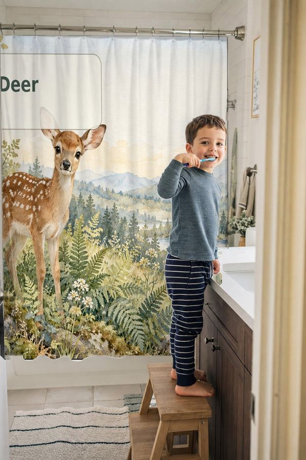 Child brushing teeth in a family bathroom with the D is for Deer Alphabet shower curtain