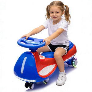12V Electric Wiggle Ride On Car with dual motors and LED lights, angled view showcasing its vibrant design and features.