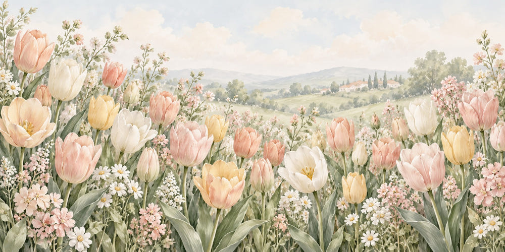 Watercolor Pastel Tulip Field Wall Mural, image 1