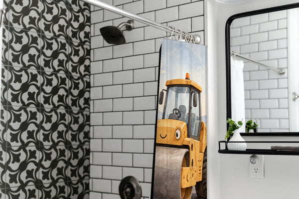 Road Roller shower curtain in a modern farmhouse bathroom with subway tile