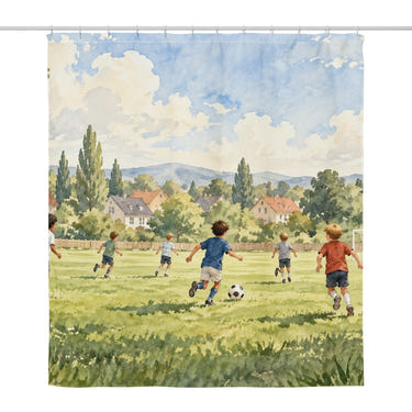 Kids Playing Soccer shower curtain, full front view of the 71 x 74 in fabric curtain