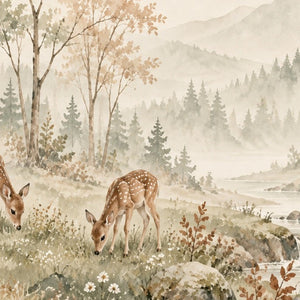 Grazing Fawns kids bath mat, close up of the watercolor artwork