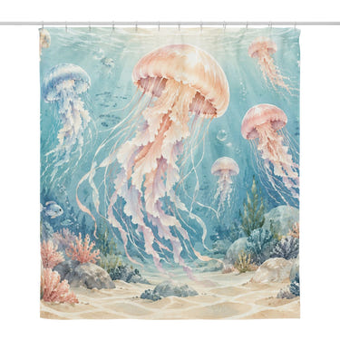 Jellyfish Garden Ocean shower curtain, full front view of the 71 x 74 in fabric curtain