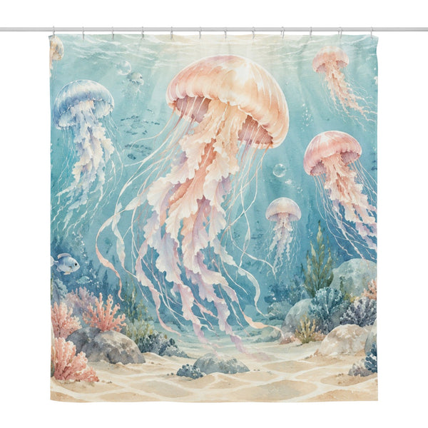 Jellyfish Garden Ocean shower curtain, full front view of the 71 x 74 in fabric curtain