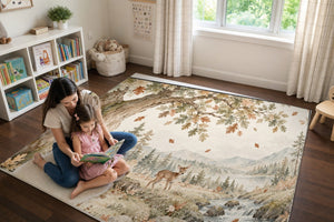 Mom and daughter reading a book on the Sleeping Bear Oak play rug