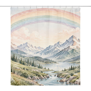 Mountain River Rainbow shower curtain, full front view of the 71 x 74 in fabric curtain