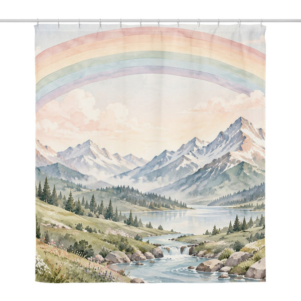 Mountain River Rainbow shower curtain, full front view of the 71 x 74 in fabric curtain