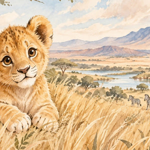 Lion Cub Safari kids bath mat, close up of the watercolor artwork