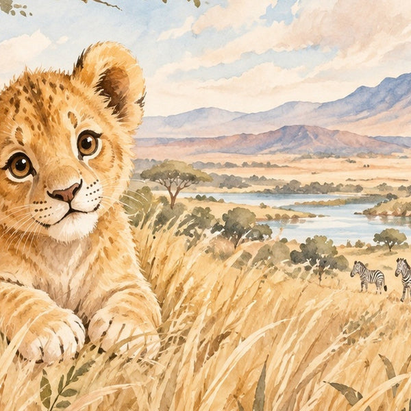 Lion Cub Safari kids bath mat, close up of the watercolor artwork
