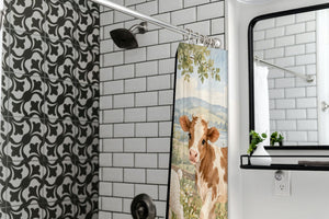 Farm Parade shower curtain in a modern farmhouse bathroom with subway tile