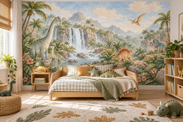 Watercolor Tropical Dinosaur Garden Wall Mural, image 2