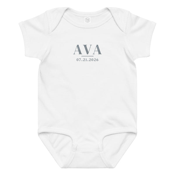 Embroidered baby name bodysuit, white bodysuit with grey thread