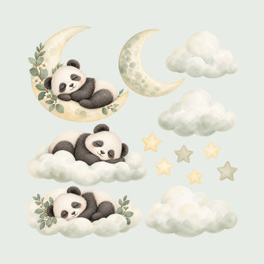 Sleeping Panda Moon and Clouds Wall Decals, Set of 13, image 1