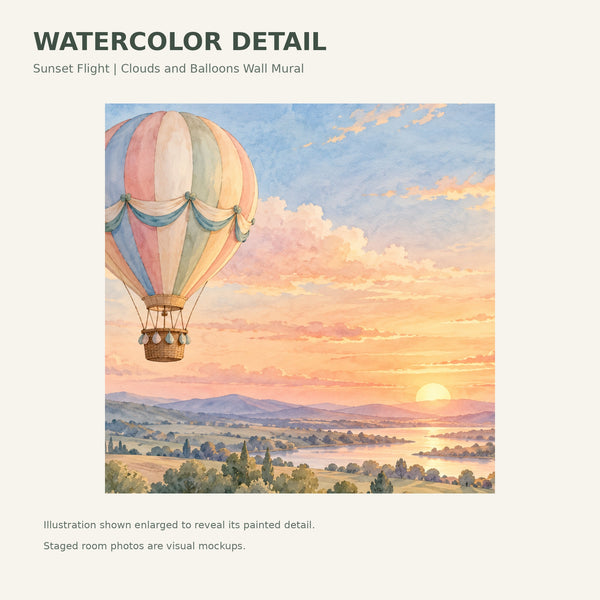 Watercolor Sunset Flight Hot Air Balloon Wall Mural, image 4