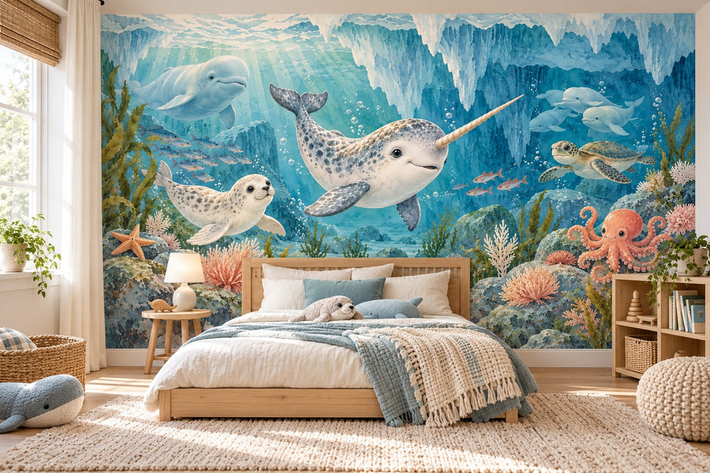 Watercolor Baby Narwhal Ocean Wall Mural, image 1