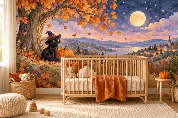 Watercolor Black Cat Halloween Wall Mural, image 1