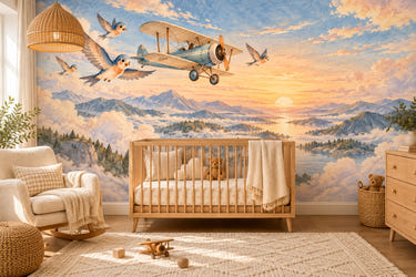 Watercolor Birds and Biplane Wall Mural, image 1