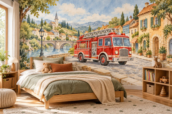Watercolor Fire Truck Town Wall Mural, image 2