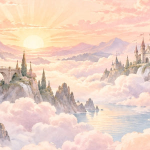 Cloud Towers Fairy Tale shower curtain, close up of the watercolor artwork