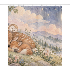 Dreamland Friends shower curtain, full front view of the 71 x 74 in fabric curtain