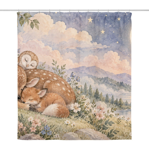 Dreamland Friends shower curtain, full front view of the 71 x 74 in fabric curtain