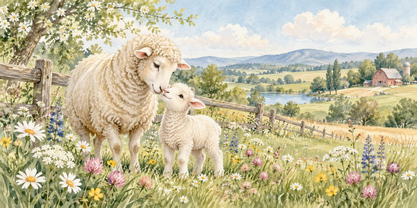 Watercolor Lamb Meadow Farm Wall Mural, image 3