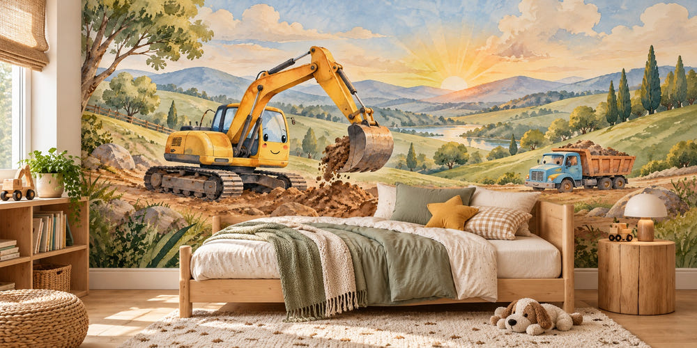Watercolor Sunrise Excavator Wall Mural, image 1