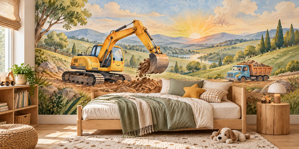 Watercolor Sunrise Excavator Wall Mural, image 2