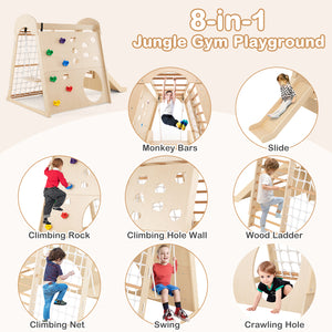 8-in-1 Indoor Jungle Gym Wooden Playground with Swing and Climbing Wall-Natural