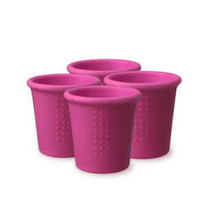Colorful 8oz stackable silicone cups for kids and toddlers, 4-pack, displayed at an angle. Perfect for mealtime fun!